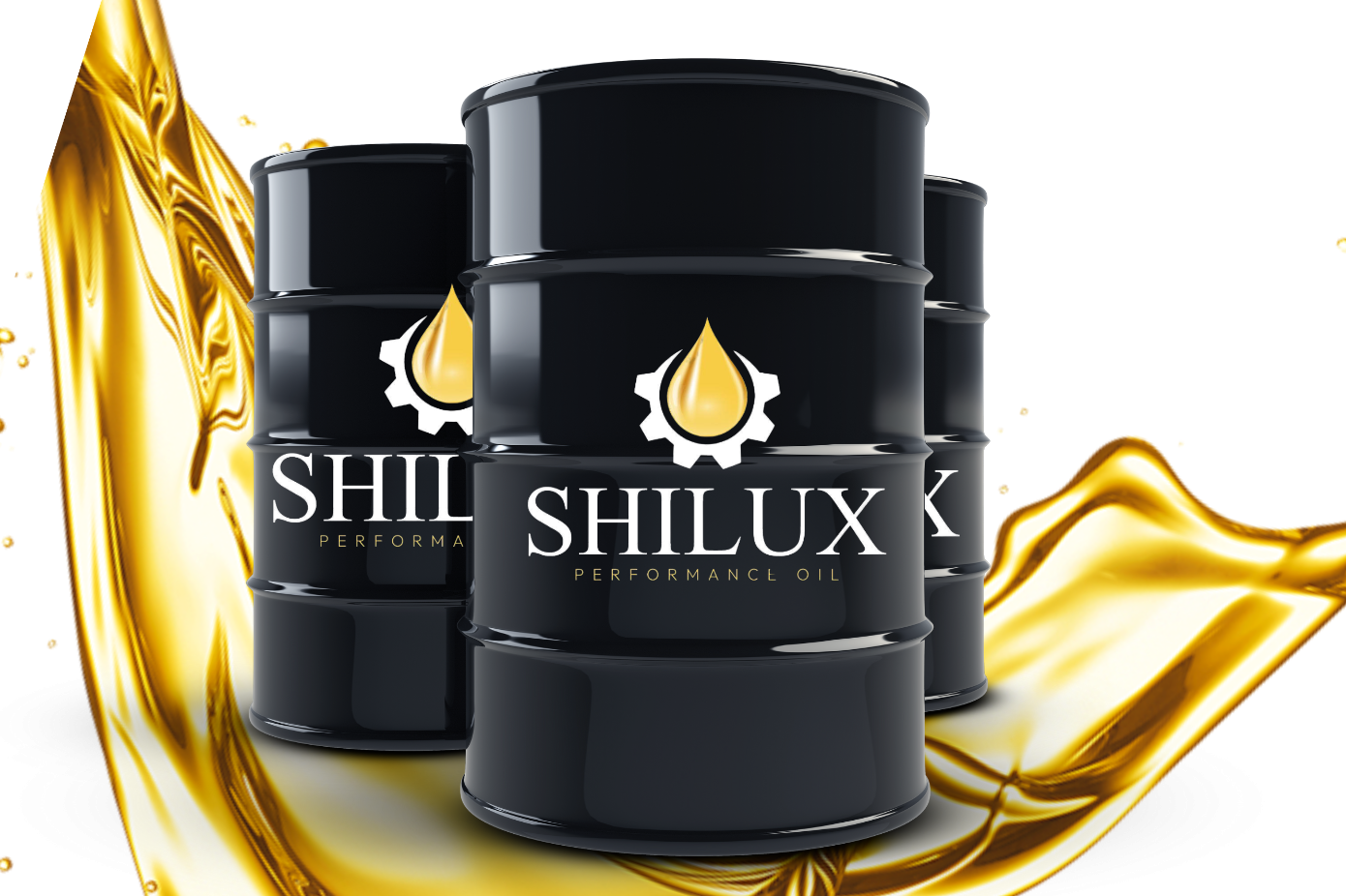 Shilux-Schmierstofffässer vor goldener Ölbewegung